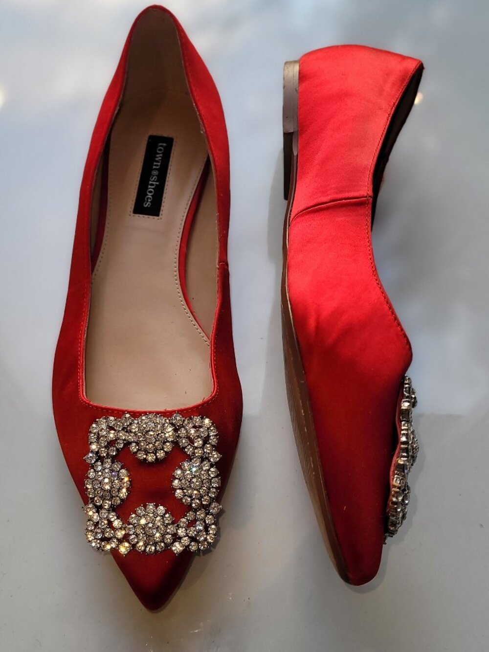 Vintage Town Shoes Red Satin Ballet Flats with Crystals Size EU 37